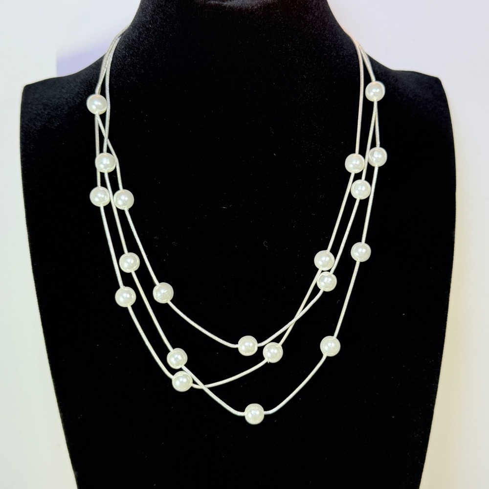 Womens Silver Tone Triple‎ Strand Faux Pearl Layered Snake Chain Necklace